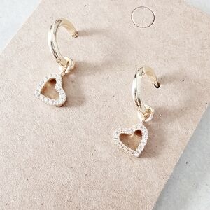 14KT Gold Plated Cubic Zirconia Heart Charm Huggie Hoop Earrings NEW
